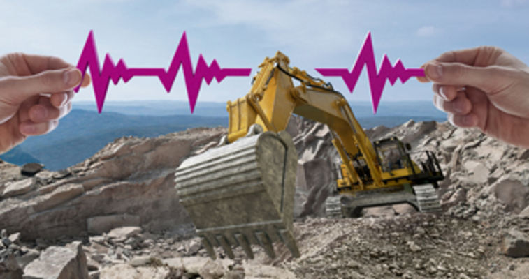 dynavis key visual with hands holding a heartbeat line around an excavator