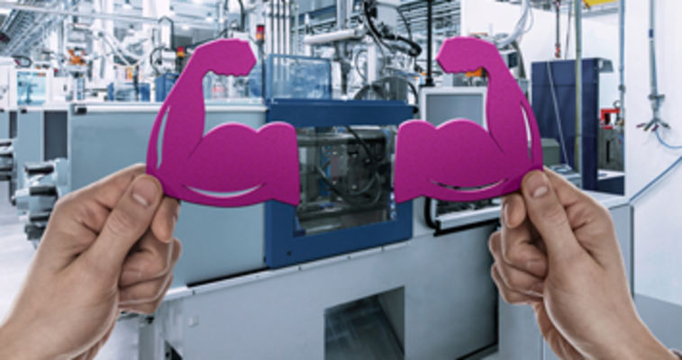 dynavis injection molding key visual with hand holding muscle icon next to injection molding machinery