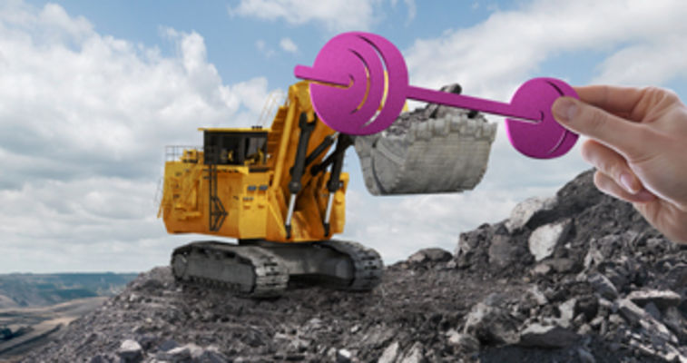 dynavis mining key visual with a hand holding a bar bell on a loader
